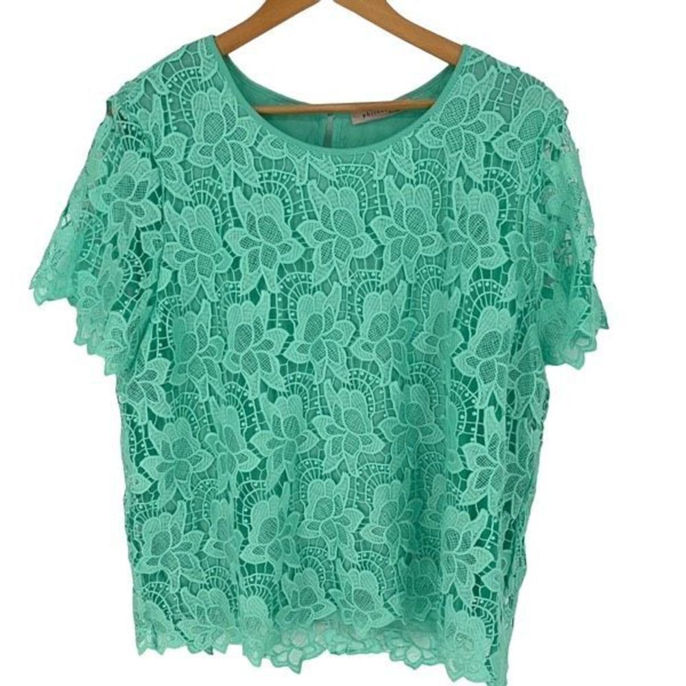 Philosophy Womens Crewneck Scalloped‎ Lace Overlay Top Seafom Green Size XL